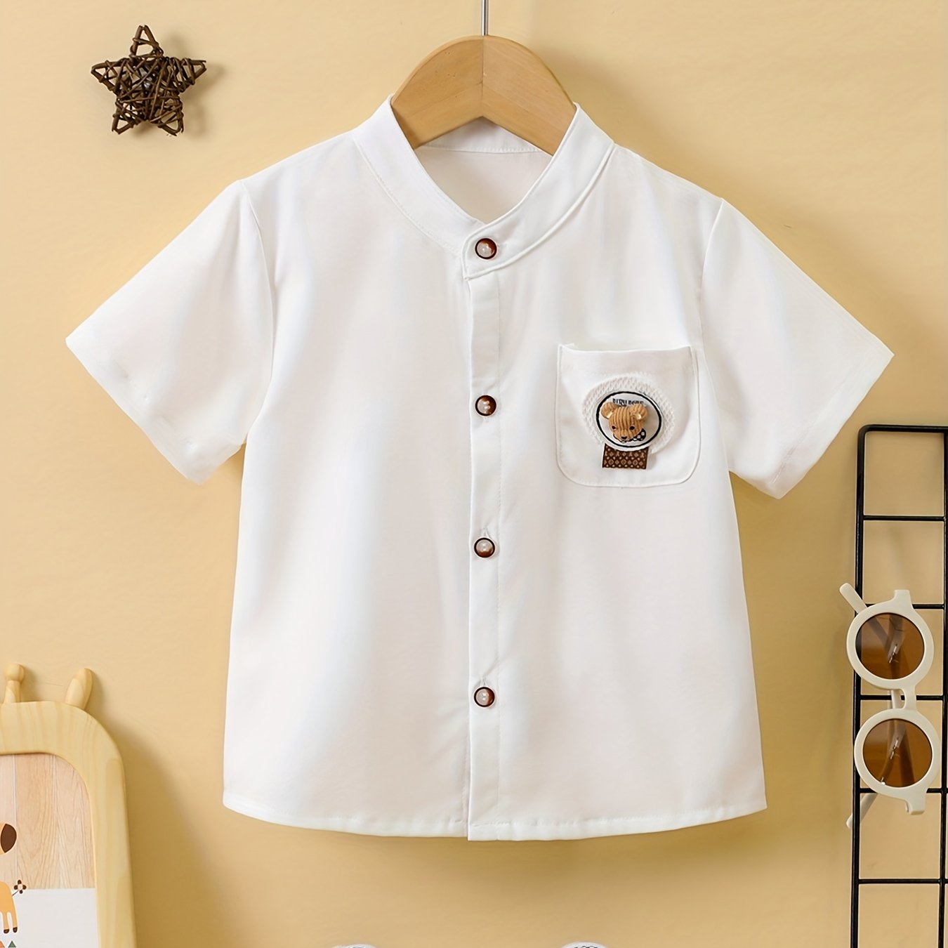 Baby Boys Bear Pattern Short Sleeve Button up Shirt for Summer
