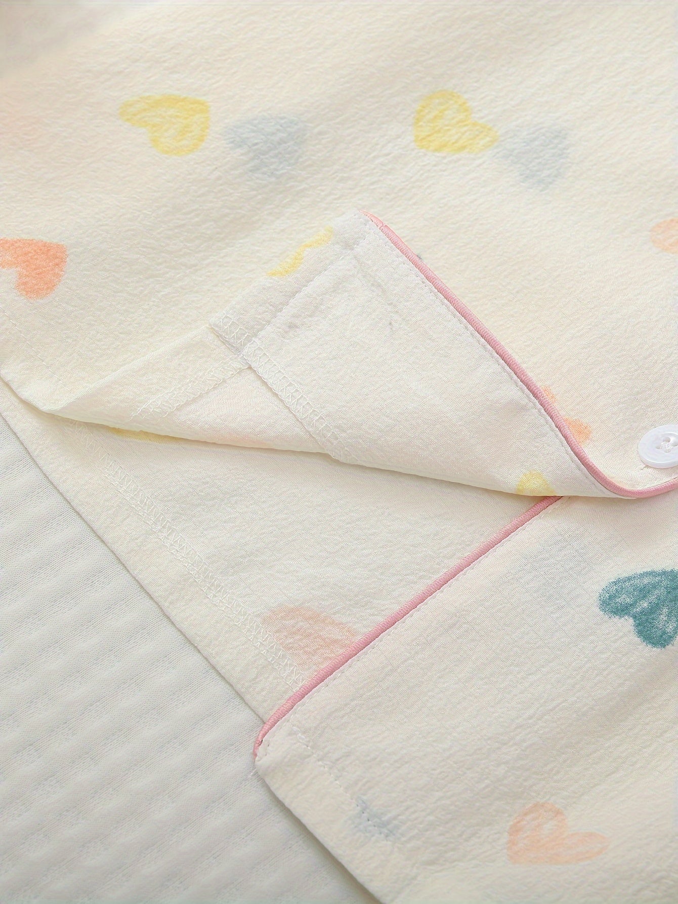 Heart Print Pajama Set Short Sleeve Button Up Top & Elastic Waistband Pants