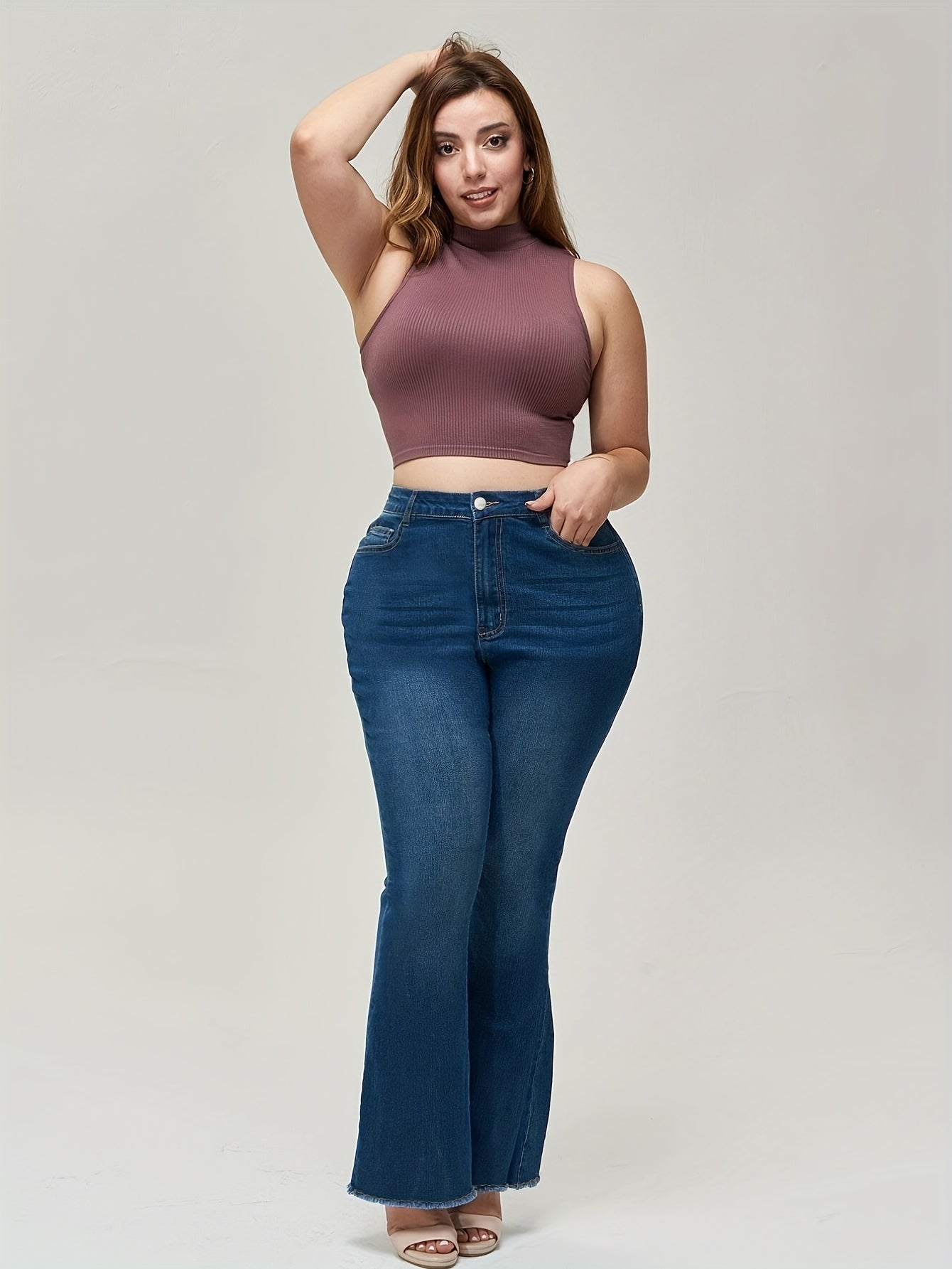 High Rise Fringe Trim Flared Leg Jeans