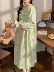 Plaid Print NightDress Ruffle Long Sleeve Crew Neck Pajama Dress