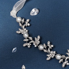 Faux Pearl & Rhinestone Leaf Headband Adjustable Bridal Hair Accessory