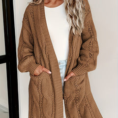 Solid Cable Knit Open Front Cardigan With Pockets