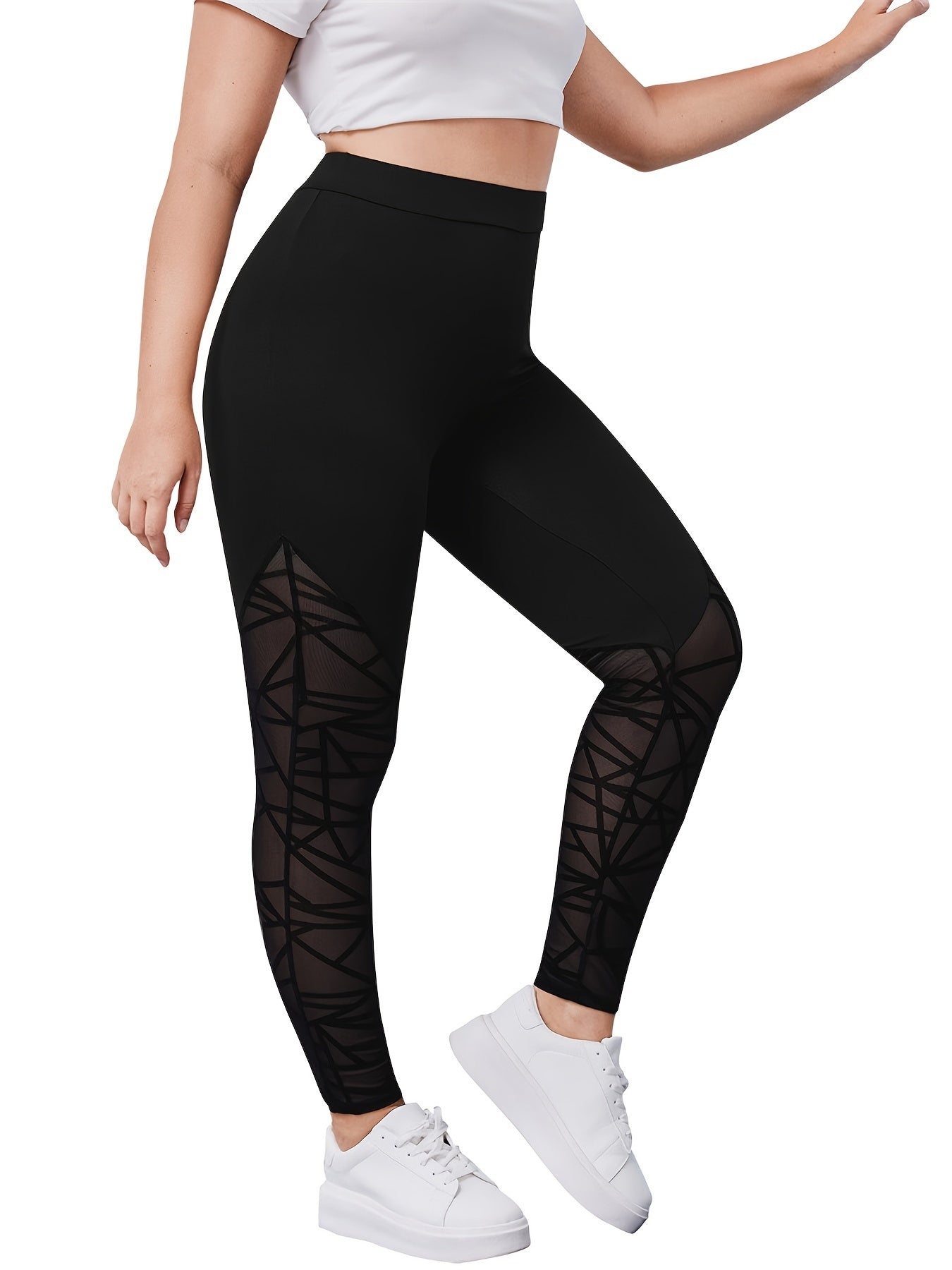 Solid Contrast Mesh High Rise Leggings Plus Size