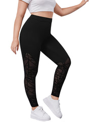 Solid Contrast Mesh High Rise Leggings Plus Size