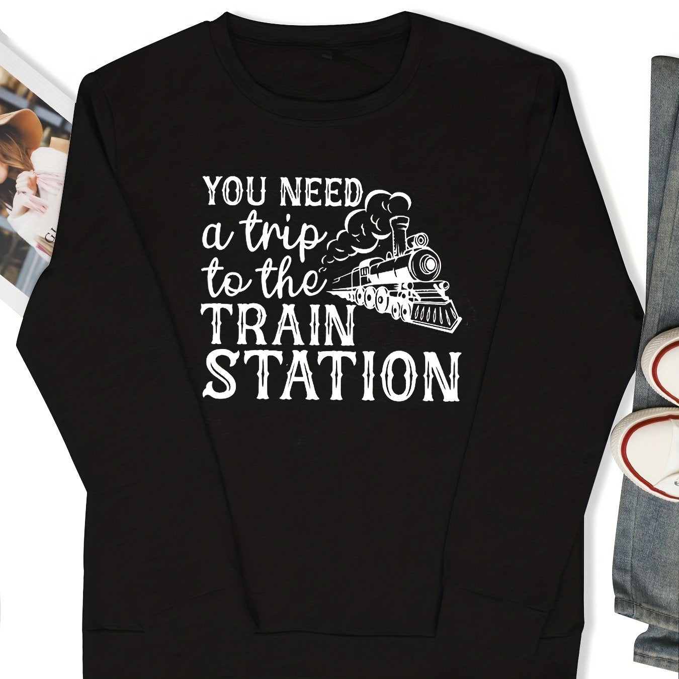 Train Station Print Sweatshirt Crew Neck Women's Clothing