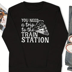 Train Station Print Sweatshirt Crew Neck Women's Clothing