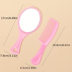 Pink Makeup Mirror Comb Set Hair Brush Oval Vanity Mirror Portable Comb Gift