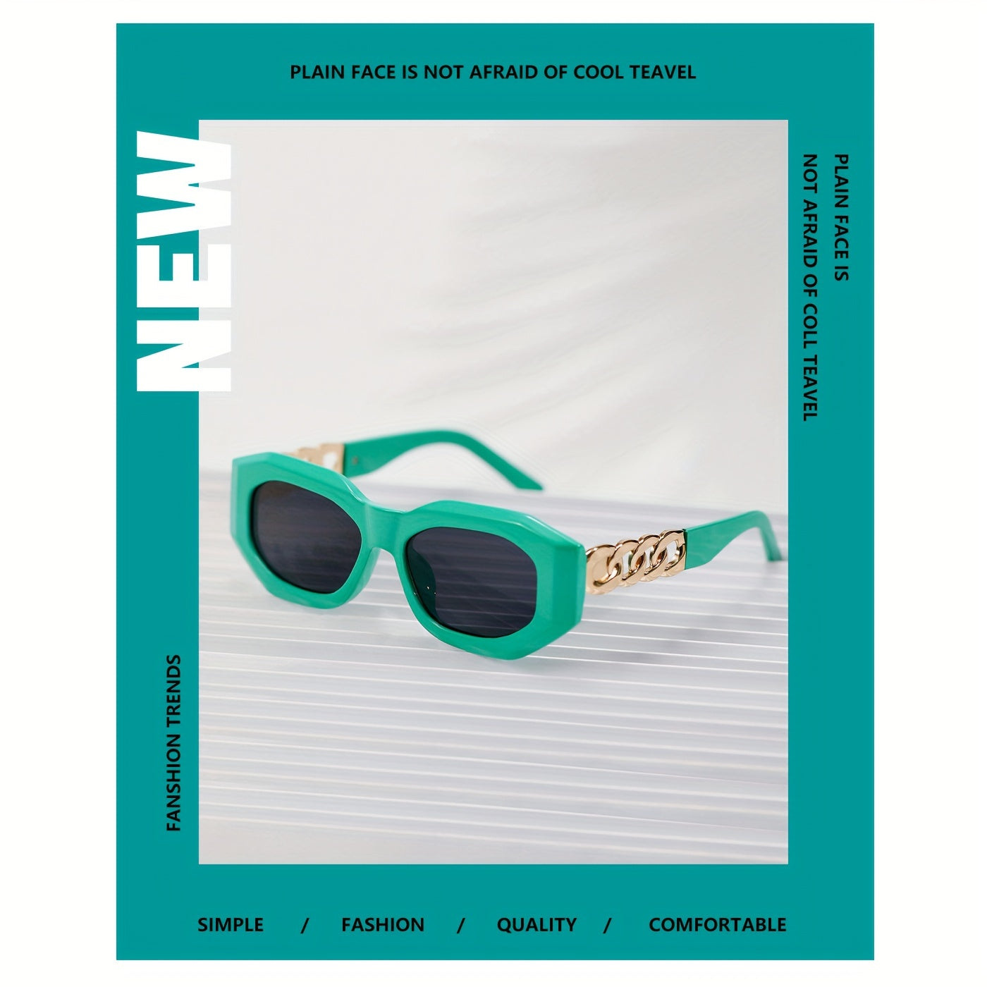 Large Geometric Sunglasses For Women Men Chain Charm Glasses UV400