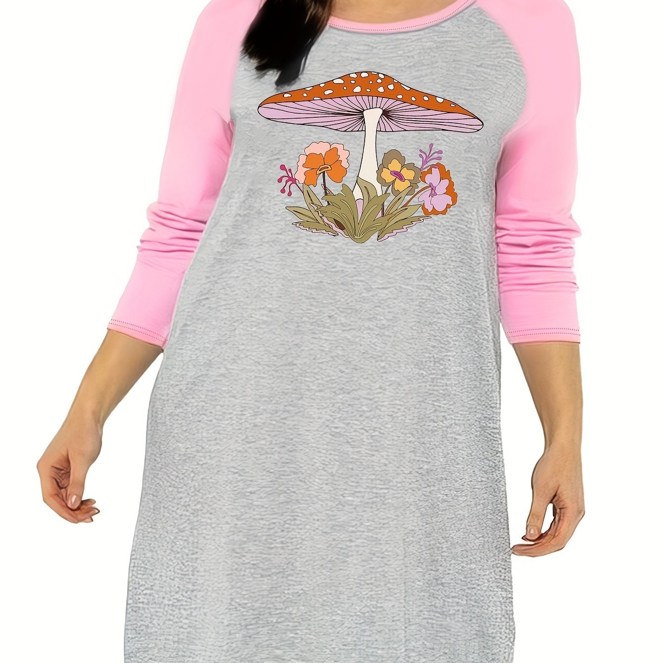 Floral & Mushroom Print Raglan Sleeve Round Neck Tee Sleep Dress