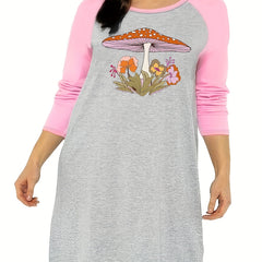 Floral & Mushroom Print Raglan Sleeve Round Neck Tee Sleep Dress