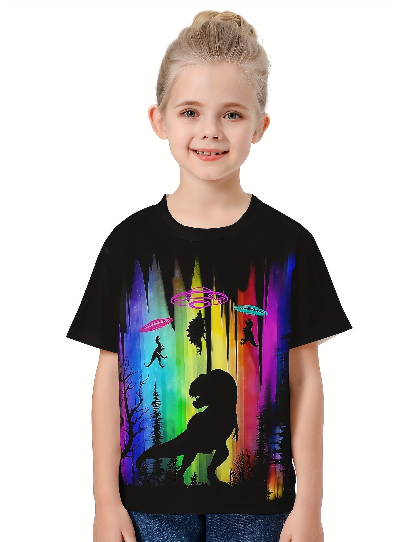 Rainbow Dino Graphic Crew Neck T-shirt Girls Casual Summer Tops