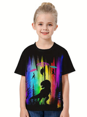 Rainbow Dino Graphic Crew Neck T-shirt Girls Casual Summer Tops