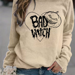 Halloween Bad Witch Print Sweatshirt Long Sleeve Crew Neck Women's Clothing