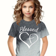 BLESSED Print Heart & Cross Graphic Short Sleeve T shirt For Girls