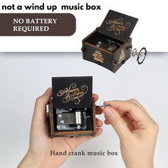 Happy Birthday Music Box Wooden Hand Crank Engraved Musical Instrument