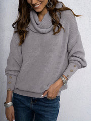 Casual Sweater Women's Plus Solid Button Decor Long Sleeve Turtleneck