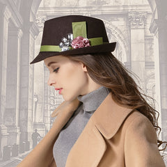 Women Flower Decor Fedora Hat Top Hat British Style Bowler Hat