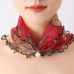 Mesh Scarf Colorful Print with Faux Pearl Pendant