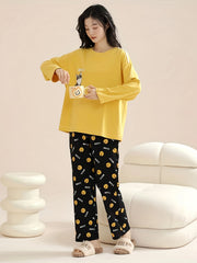 Cartoon Dog Print Pajama Set Long Sleeve Top & Pants