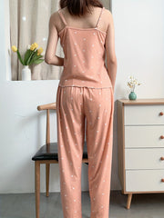 Polka Dot Pajama Set V Neck Cami Top & Elastic Waistband Pants Women's