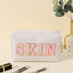 Preppy Letter Patch Makeup Bag Cosmetic Toiletry Bag Zipper Pouch