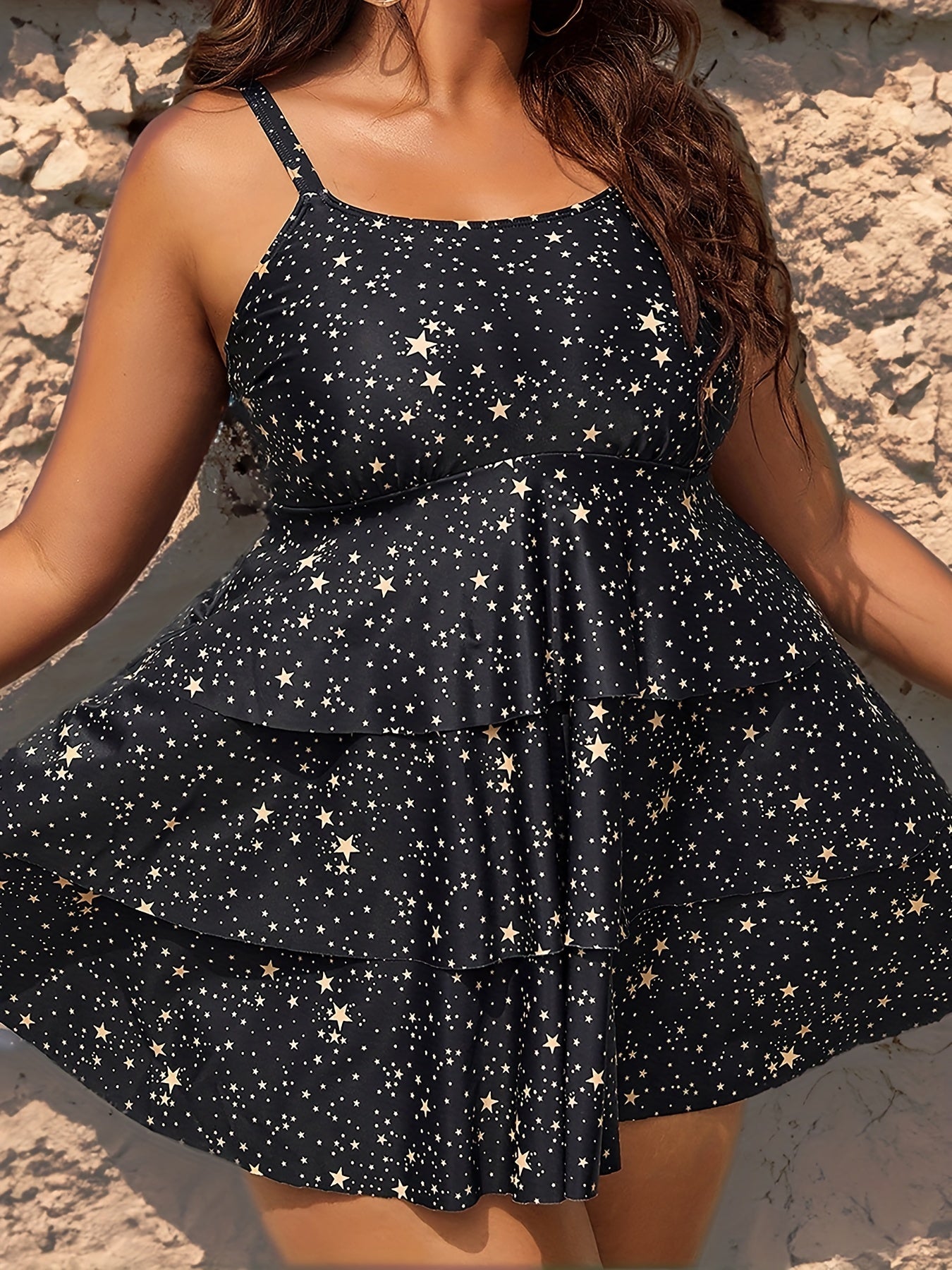 Star Print Ruffle Trim Tankini Set