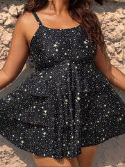 Star Print Ruffle Trim Tankini Set