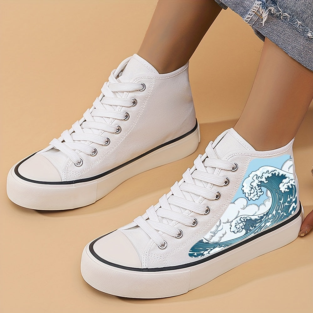 Women's High Top Canvas Skate Shoes with Wave Graphic