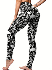 Floral & Skull Print Skinny Leggings Casual Every Stretchy Leggings