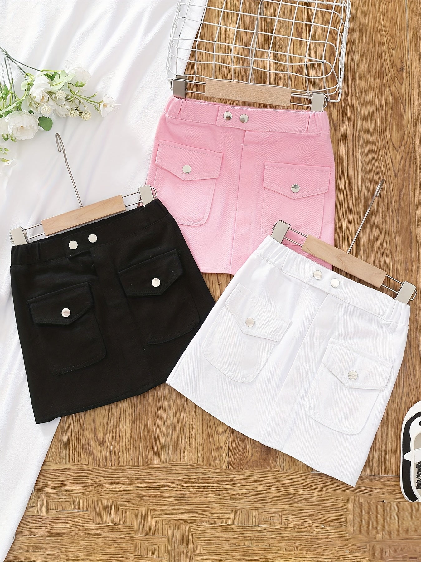Girls' Button Pocket Short Denim Skirts Set - Casual & Stylish