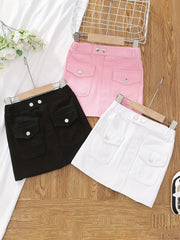 Girls' Button Pocket Short Denim Skirts Set - Casual & Stylish