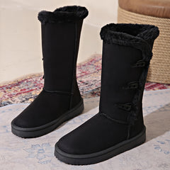 Women's Solid Horn Buckle Casual Snow Boots Soft Comfortable Medium Top Snow Sho