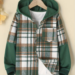 Boys Plaid Shirt Long Sleeve Button Down Hooded Top