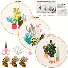 Embroidery Kit Green Plants Cactus Pattern Material Package with Hoop