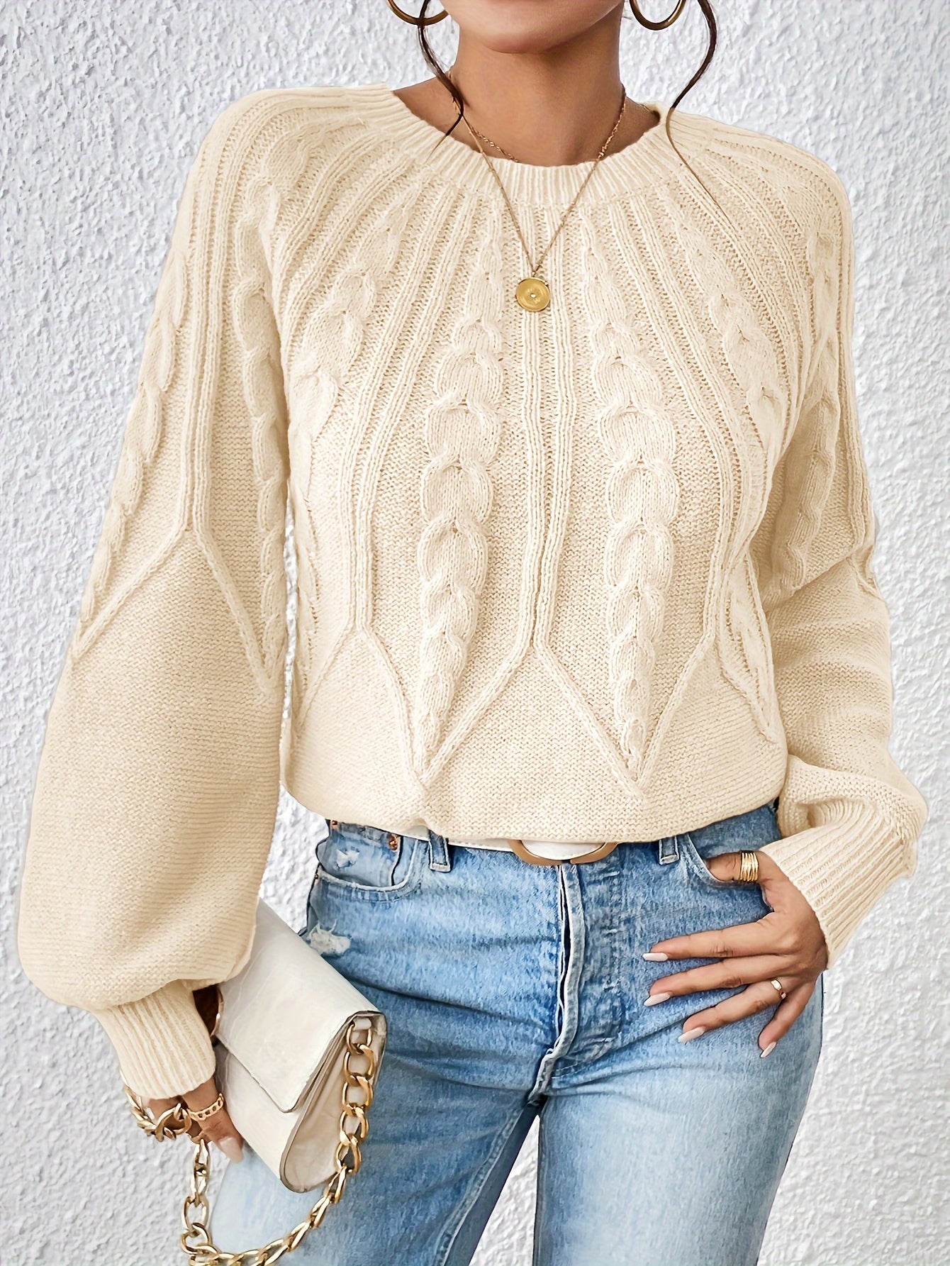 Cable Knit Lantern Sleeve Sweater Crew Neck Pullover Jumper