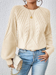Cable Knit Lantern Sleeve Sweater Crew Neck Pullover Jumper