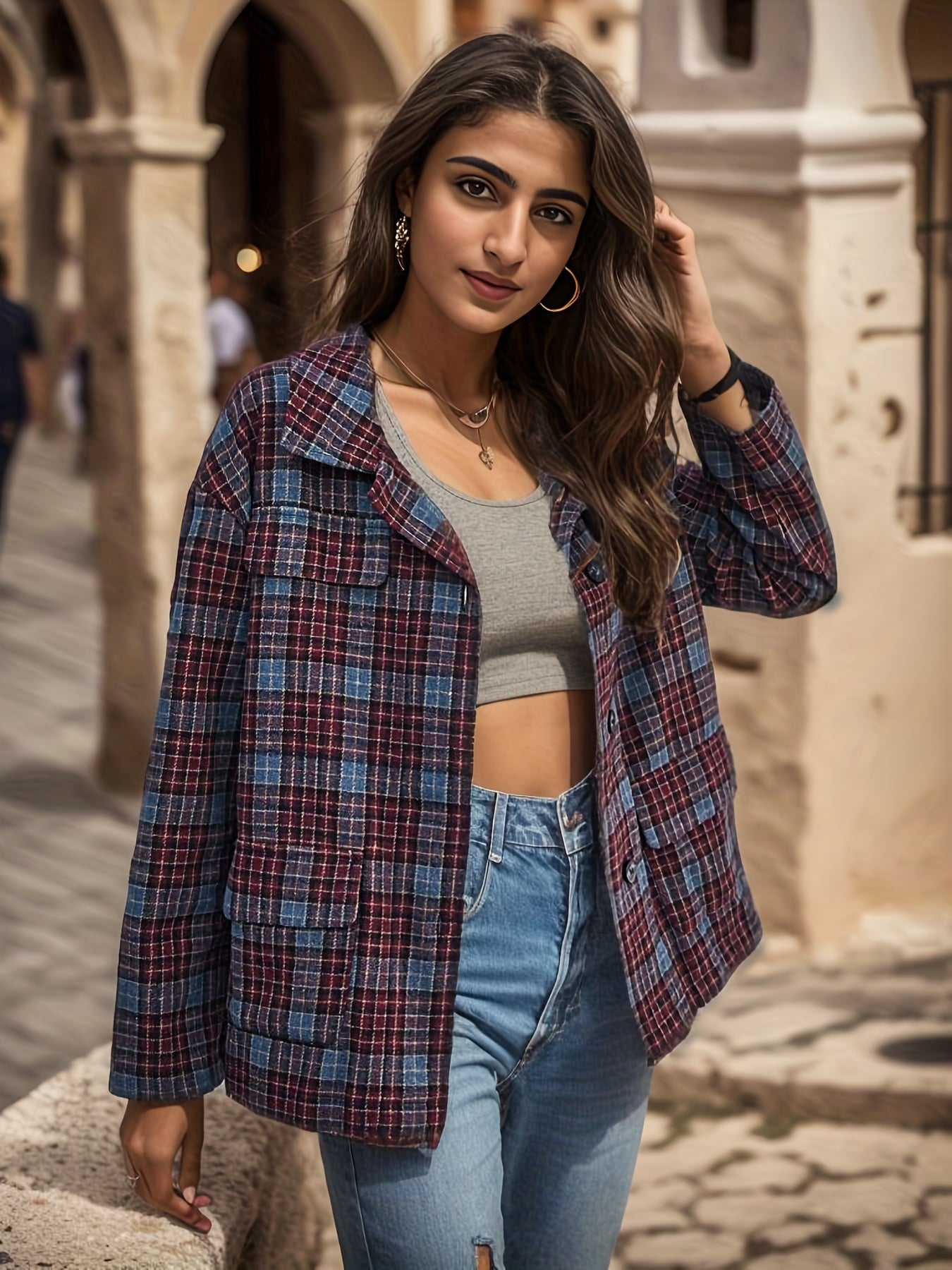 Plaid Print Button Front Jacket Collared Long Sleeve Outerwear
