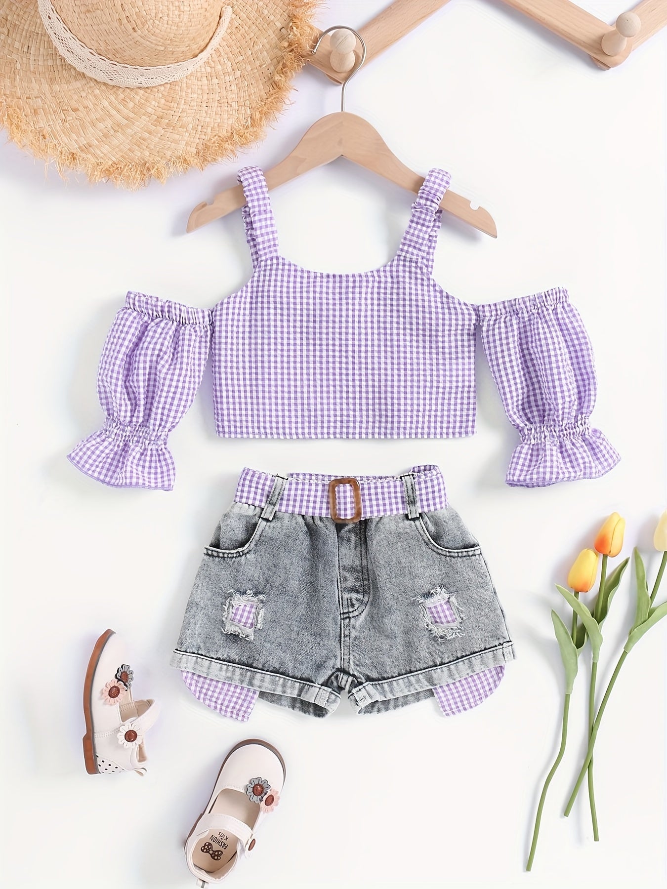 Girls Cold Shoulder Plaid Crop Top & Denim Shorts Set Summer Clothes