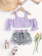 Girls Cold Shoulder Plaid Crop Top & Denim Shorts Set Summer Clothes