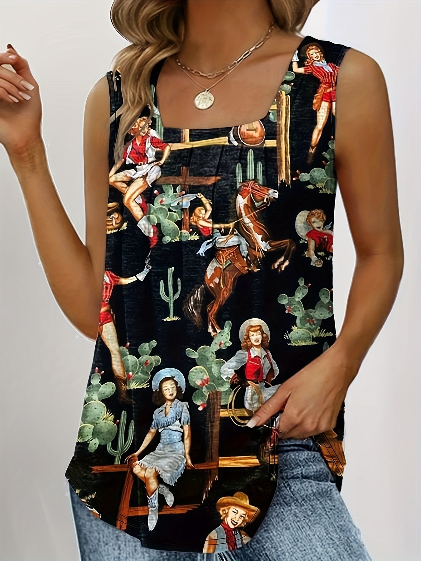 Western Tank Top Women's Cowboy Print Pleated Tank