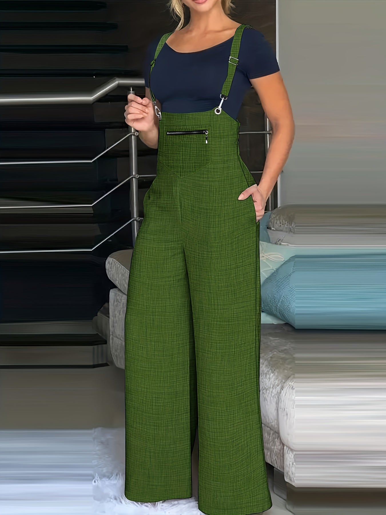 Solid Wide Leg Overall Jumpsuit Casual Pocket Front Overall Jumpsuit