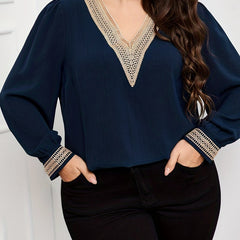 Colorblock Lace Panel Lantern Sleeve Blouse