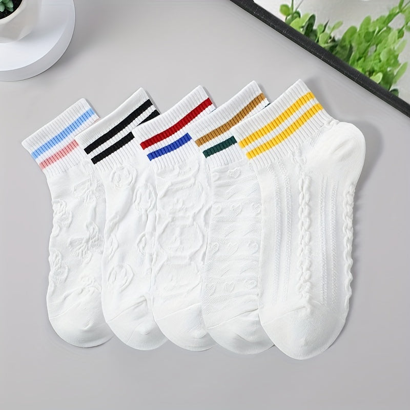 5 Pairs 3D Textured Socks Soft Striped Trim Short Socks Women's Stockings