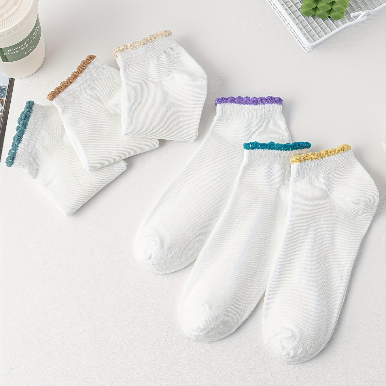 6 Pairs Essential Short Socks with Colorful Trim