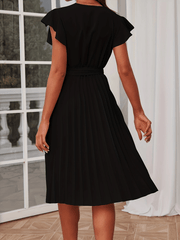 Surplice Neck Pleated Dress Solid Ruffle Trim Party Dress