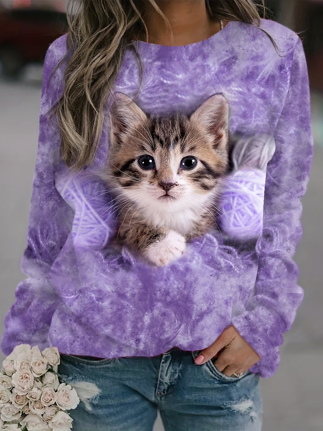 Cat Print Pullover Sweatshirt Casual Long Sleeve Crew Neck Sweatshirt