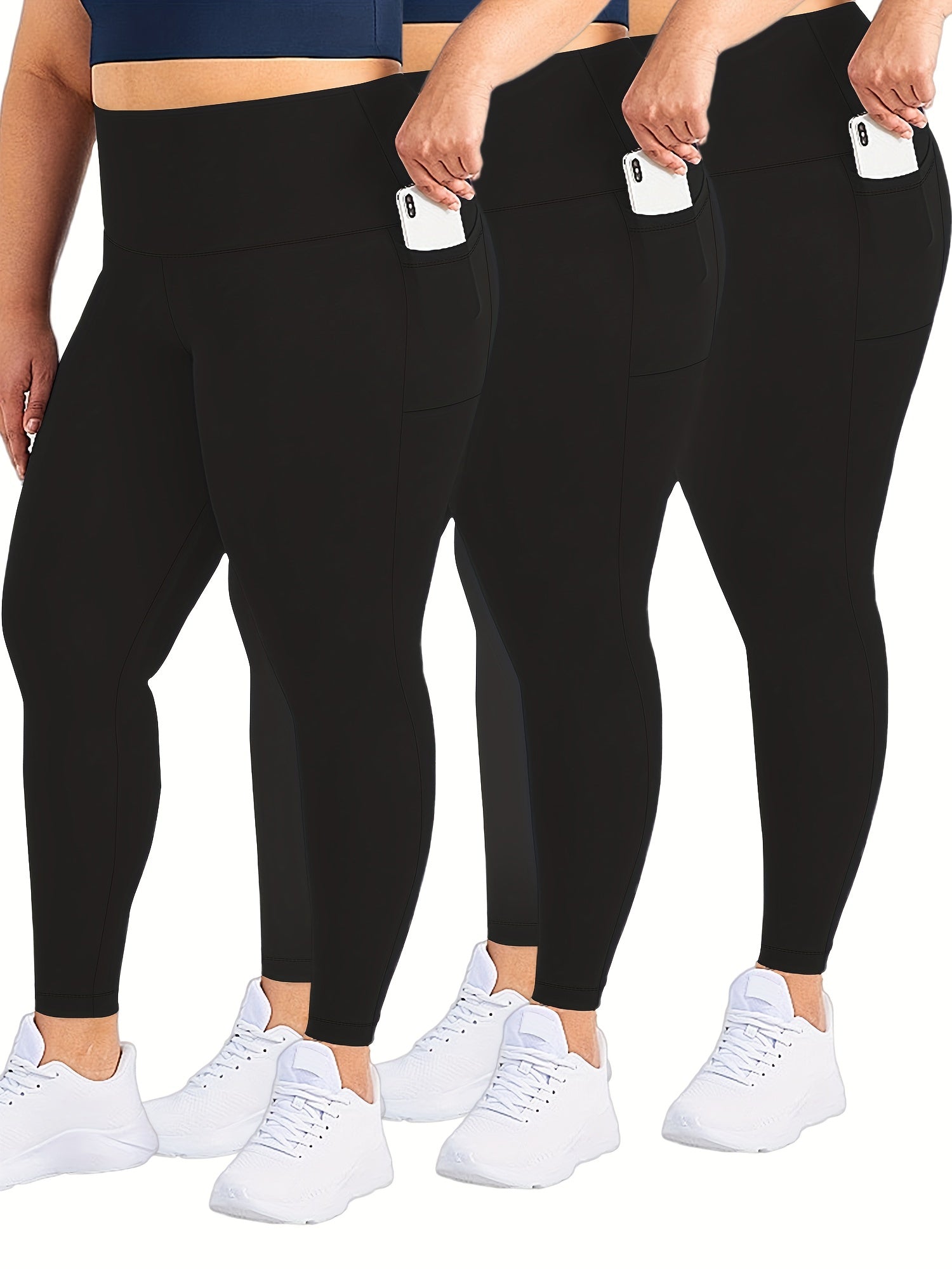 3 Pack Plus Size Casual Leggings Set Women's Plus Solid Tummy Control