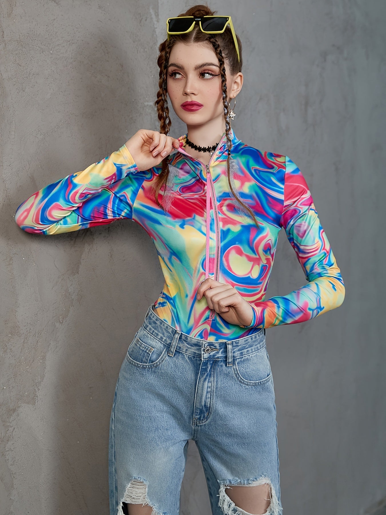 Print Zip Up Bodysuit Sexy Long Sleeve One Piece Women's Clothing