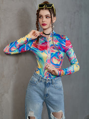 Print Zip Up Bodysuit Sexy Long Sleeve One Piece Women's Clothing