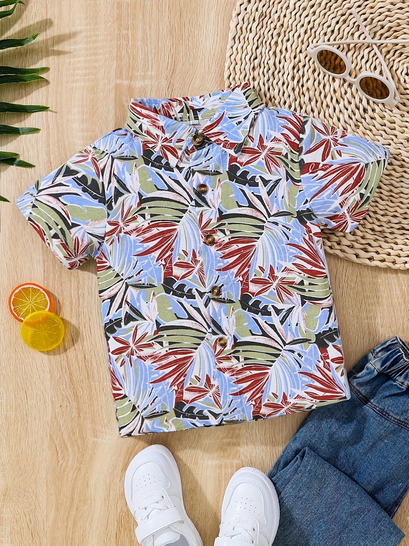 Boys Leaves Graphic Short Sleeves Shirt Hawaiian Style
